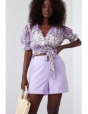 Short envelope blouse with flowers and a belt, purple and cream 02041 - Online store - Boutique